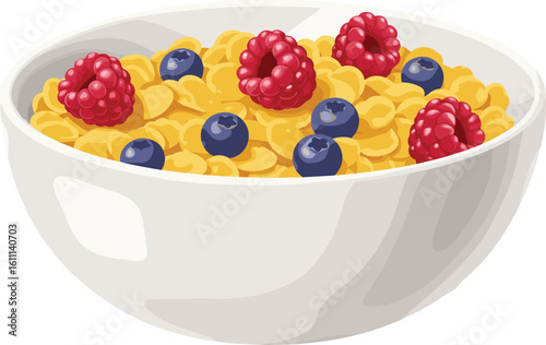 Delicious breakfast cereal in white bowl, healthy cornflakes with fresh raspberries and blueberries, nutritious morning meal, organic fruit topping, clean eating food concept