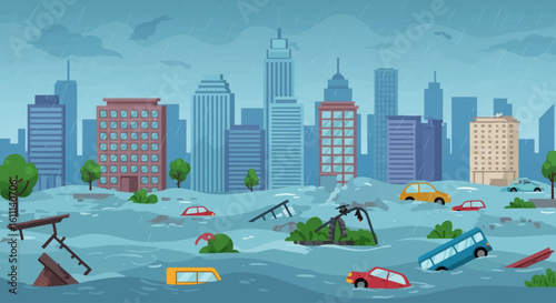 Vector Illustration of Urban Flood Disaster – Cartoon City with Skyscrapers and Cars in Water, Flat Style Web Banner