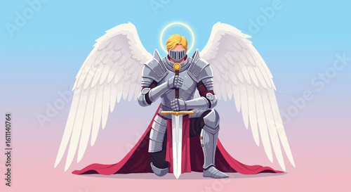 Vector Illustration of a Winged Knight Angel Kneeling with Sword – Heroic Fantasy Design