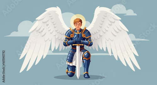 Vector Illustration of a Winged Knight Angel Kneeling with Sword – Heroic Fantasy Design