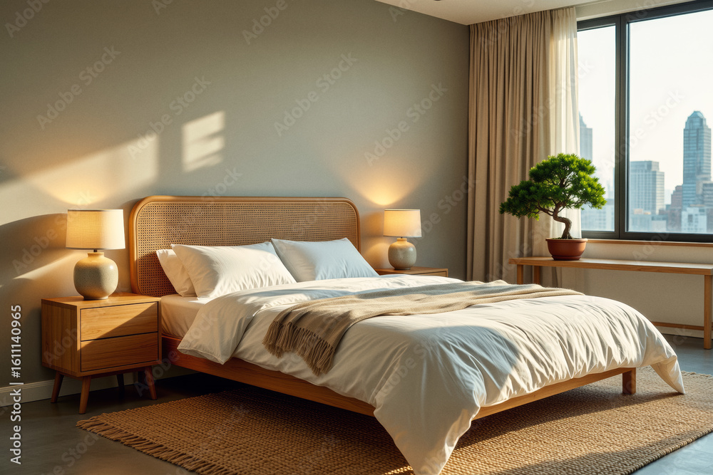 Fototapeta premium Sunlight streams into a modern bedroom, illuminating a rattan headboard bed with soft linens and accentuating the urban skyline visible through a large window.