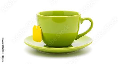 Bright green ceramic coffee cup with yellow tea bag on a white saucer