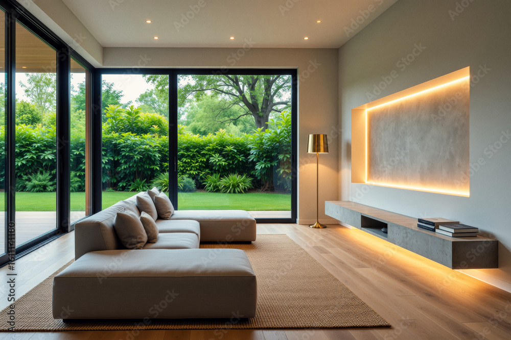 Fototapeta premium A modern living room features a large sectional sofa, textured wall art with integrated lighting, and expansive windows overlooking a lush green garden.