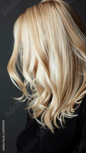 woman with platinum blonde hair in soft curls, natural flow and silky shine captured in smooth 4K motion