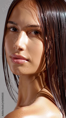 Woman with sleek wet brunette hair turning back, glowing skin and sharp natural light in cinematic 4K beauty motion