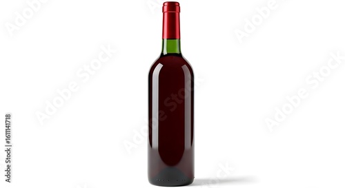 Full bottle of red wine with red and green foil capsule on white background