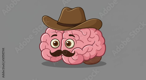 Cartoon Vector of Pink Brain with Cowboy Hat, Eyes, and Mustache on Gray Background