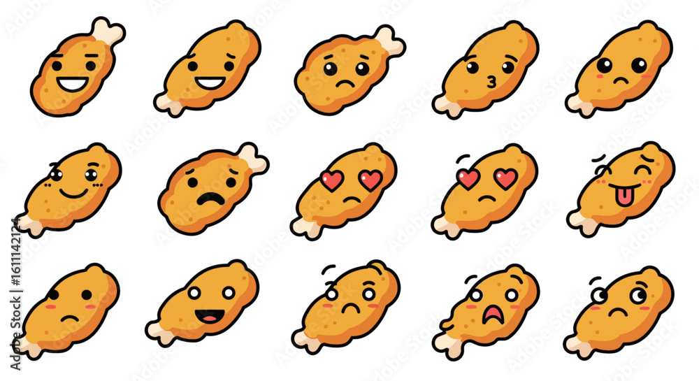 Fototapeta premium Fried Chicken Wing Emoji Vector – Cute Cartoon Food Icons for Sticker and Menu Design