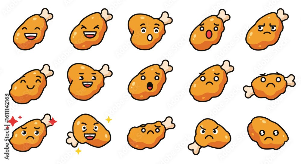 Fototapeta premium Fried Chicken Wing Emoji Vector – Cute Cartoon Food Icons for Sticker and Menu Design