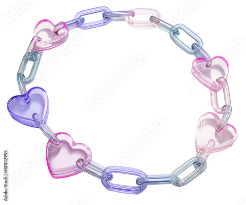 Colorful heart shaped links create playful and vibrant chain necklace, showcasing blend of pink and purple hues. This whimsical accessory adds fun touch to any outfit