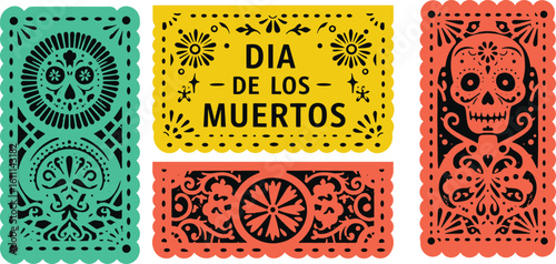 Colorful Papel Picado Banners for Dia de los Muertos Celebration, Traditional Mexican Decoration, Day of the Dead Festival Art