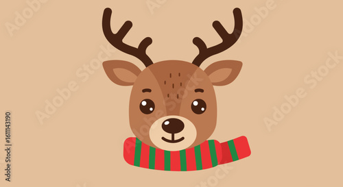 Cute Reindeer Face Vector Illustration with Red and Green Christmas Scarf – Holiday Animal Art