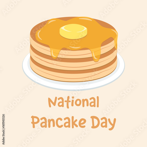 National Pancake Day. Pancakes with syrup and butter. A stack of pancakes on a plate. Vector illustration