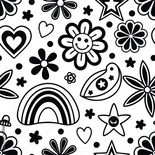Groovy and Hip Seamless Pattern with Positive Vibes