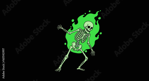 Skeleton Vector Illustration with Green Aura on Black Background – Streetwear Graphic Design