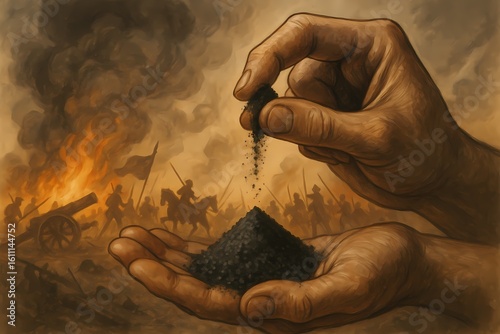 A metaphorical artwork showing hands holding gunpowder with a burning battlefield and cannon in the background, symbolizing the dawn of explosive warfare.