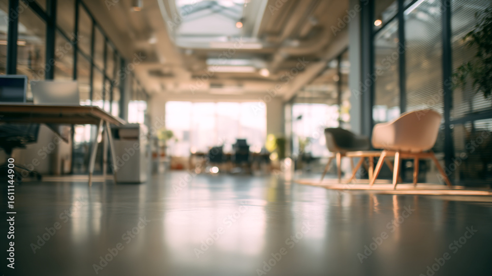 A blurred view of a bright office space with chairs desks and large windows in the background light shining in A blurred view of a bright office space with chairs desks and large windows in the background light shining in