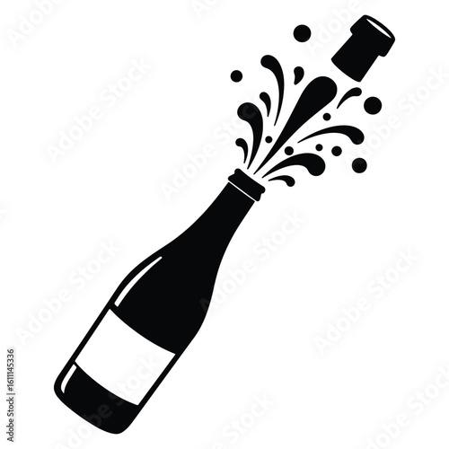 Black and white champagne bottle popping open with sparkling bubbles and cork