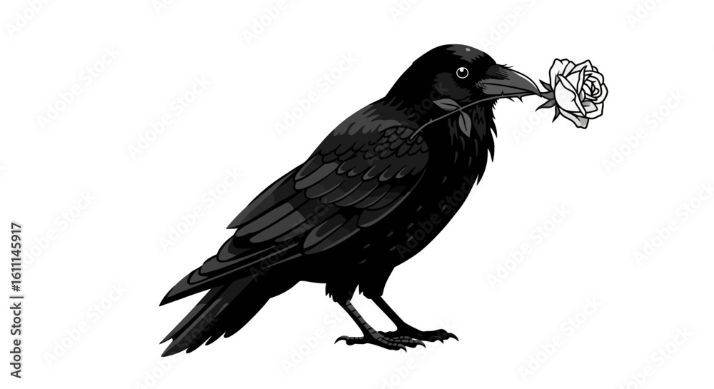 Fototapeta premium Vector Illustration of Raven Holding a Rose – Black and White Gothic Line Art Design