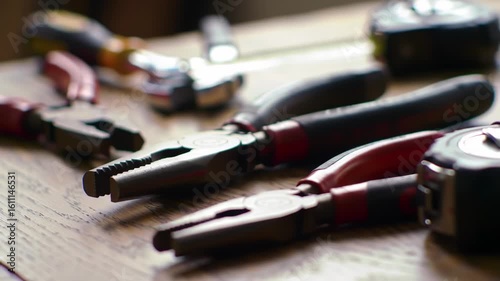 Assorted tools on a wooden surface