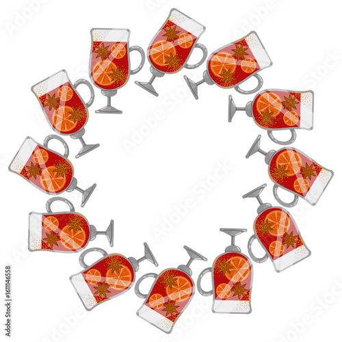 Round frame for drinks. Wreath of glasses filled with red drink for greeting cards, decor, wedding invitations, posters, branding, scrapbooking.