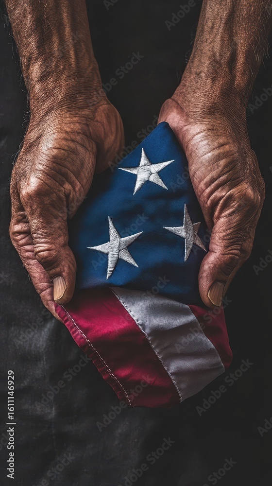 Fototapeta premium Aged hands gently hold a folded flag.