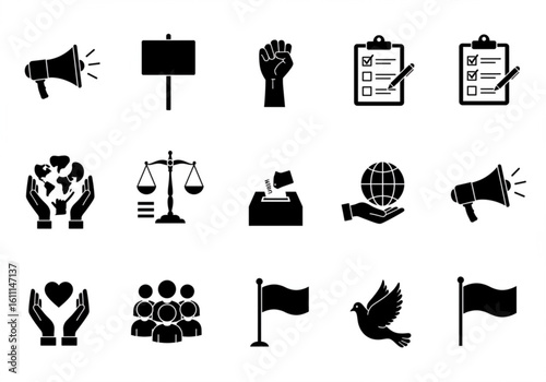 Collection of black icons representing social justice and activism