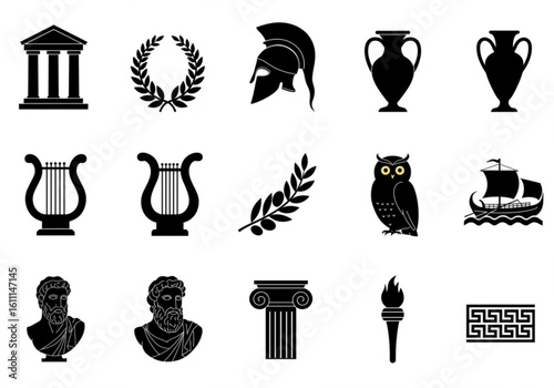 Collection of ancient greek symbols and icons in silhouette