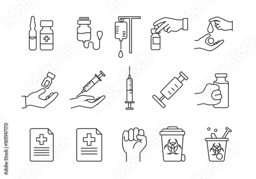 Medical and healthcare icons representing treatments and safety