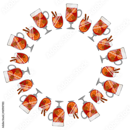 Round frame mulled wine. Wreath of different glasses with red drink, for greeting cards, decor, wedding invitations, posters, branding, scrapbooking.