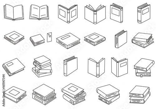 Collection of various book icons in isometric view and line art style