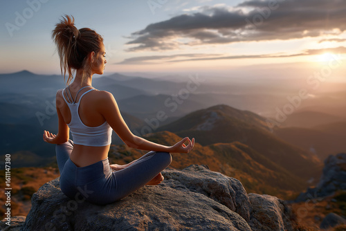 Woman doing yoga pose on mountaintop at sunset
