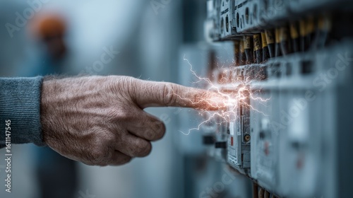 Close-up of a human finger touching an electrical panel and receiving a visible electric shock, illustrating workplace danger or failure.
