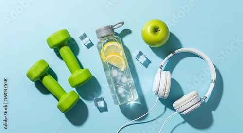 Healthy lifestyle flat lay with dumbbells water and headphones