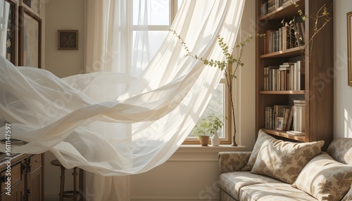 Gentle wind blowing a white curtain beside a cozy reading nook