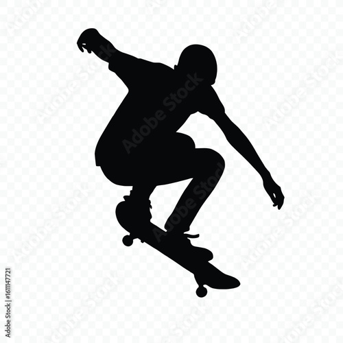 Silhouette of a Skateboarder Performing a Trick against a Transparent Background Creating a Dynamic Isolated Image