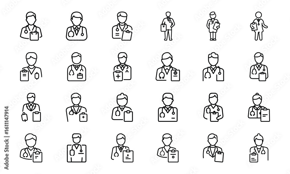 Obraz premium Medical Healthcare Line Art Icons Collection: Syringe, Stethoscope, Hospital Equipment, Organ, and Doctor Symbols with Outline Style and Subtle Glow
