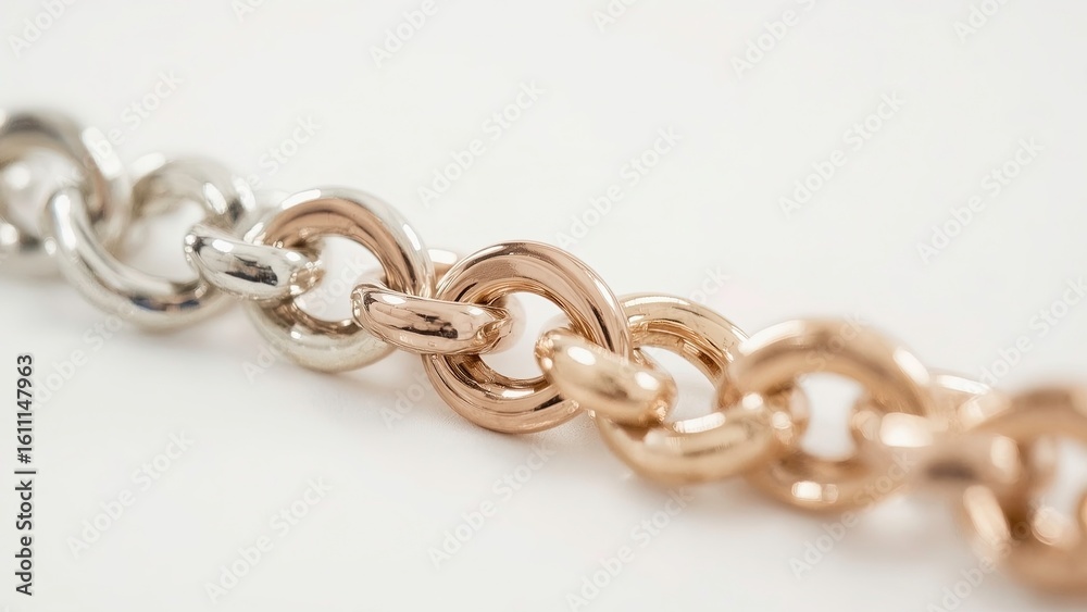 Fototapeta premium A detailed shot of a gold chain, with a modern and polished design, on white background
