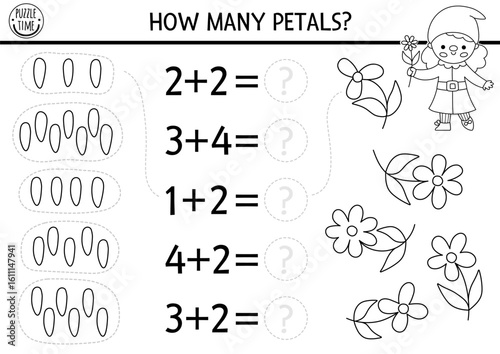 Counting and matching black and white game with dwarf girl and petals. Garden gnome math addition activity for kids. Fairytale printable counting worksheet or coloring page with flowers, fairy