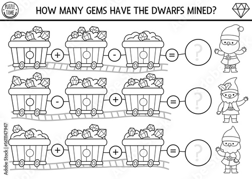 How many gems black and white game with dwarf. Fairytale math addition activity or coloring page. Fantasy printable counting worksheet for kids with wooden carts with stones, rails, gnome