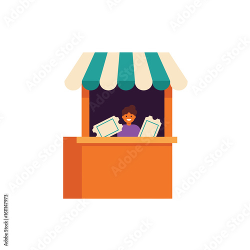 Friendly seller at a vibrant ticket booth kiosk offering admission tickets for a fun fair or amusement park event.