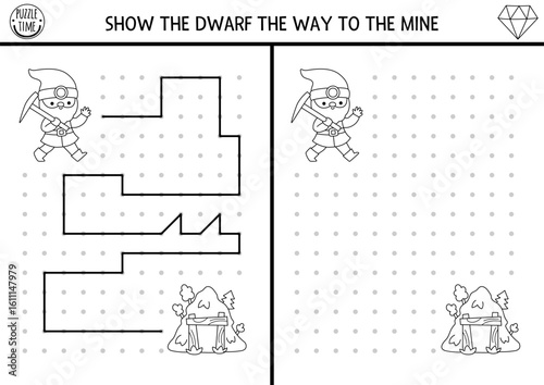 Dwarf drawing, writing, tracing, space orientation activity for kids with gnome miner going to work on mountain. Draw line in box according example. Black and white printable game, coloring page