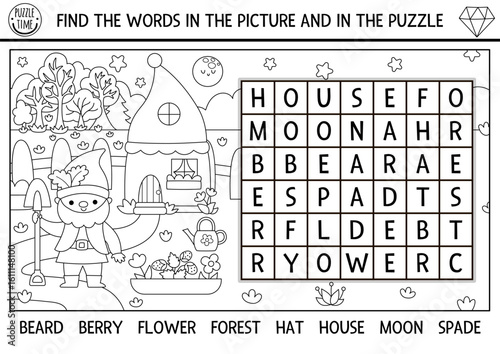 Vector dwarf wordsearch puzzle for kids. Black and white wordsearch quiz with gnome, flower, house, moon. Educational cross word activity, coloring page with magic creature, night garden scene