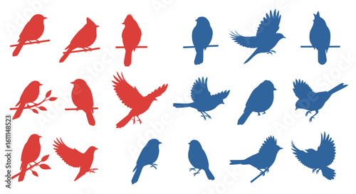 ector Set of Flying and Sitting Bird Silhouettes – Minimalist Style