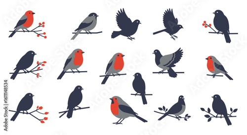 ector Set of Flying and Sitting Bird Silhouettes – Minimalist Style