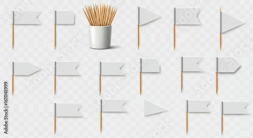 Vector Set of Realistic Toothpicks with White Flags – Rectangular and Triangular Flag PNG