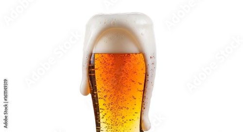 Tall glass of golden beer with frothy white foam against a white background
