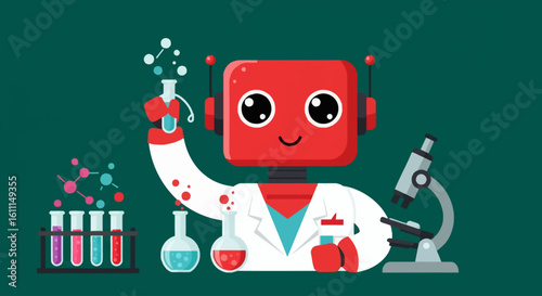 Vector Cartoon Robot Science Experiment – Fun Educational Technology Illustration