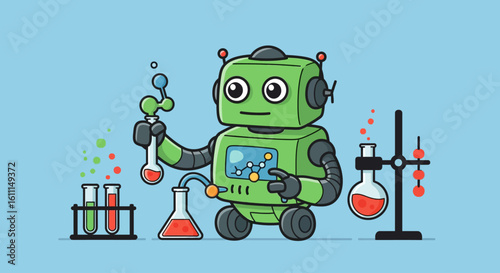 Vector Cartoon Robot Science Experiment – Fun Educational Technology Illustration