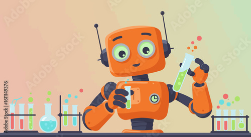 Vector Cartoon Robot Science Experiment – Fun Educational Technology Illustration